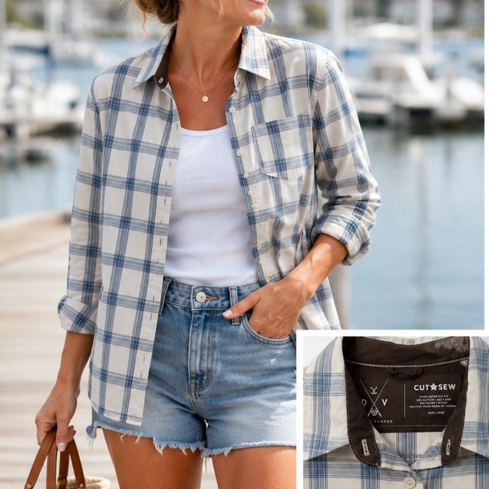 Dolly Varden Plaid Button Down Shirt Women's Large Blue White Long Sleeve